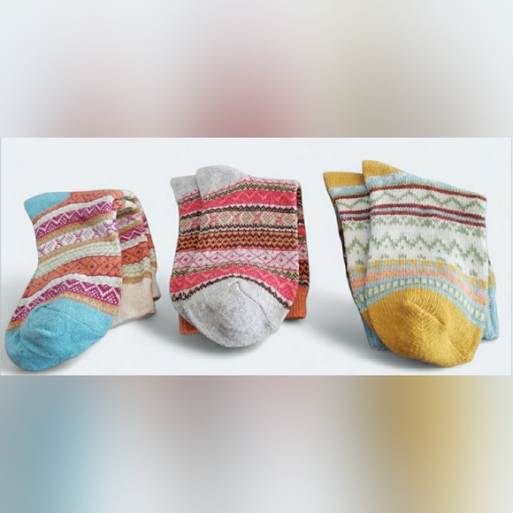3 Boho M/L Fair Isle Artisy Nordic Granny Wool Cotton Knit Socks Gift Ready New - Picture 3 of 3